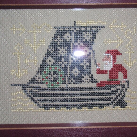 Sailing Santa Prairie Schooler Cross Stitch Completed Framed Wall Art Gift Rusti - Picture 2 of 11